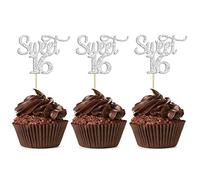 Gyufise 24 decorazioni per cupcake con 16 decorazioni argentate glitterate per sedici anni 16° compleanno, 16° compleanno, anniversario, decorazioni per torte