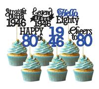 Gyufise 24 decorazioni per cupcake con scritta "Happy 80th Birthday" Hello Eighty Legend Since 1946, decorazioni per torte per 80° compleanno, anniversario, forniture per feste, nero e blu