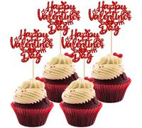 Gyufise 24 decorazioni per cupcake con scritta "Happy Valentine's Day", glitterate, a forma di cuore, per San Valentino, decorazioni per torte per matrimoni, fidanzamenti, feste, colore: rosso