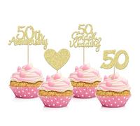 Gyufise 24 decorazioni per cupcake per il 50° anniversario di matrimonio, dorate, a forma di cuore, glitterate, decorazioni per torte per feste