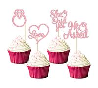 Gyufise 24 decorazioni per cupcake rosa con scritta in inglese "He Asked She Said Y", con anello di diamante, a forma di cuore, per matrimoni, feste di fidanzamento, decorazioni per torte
