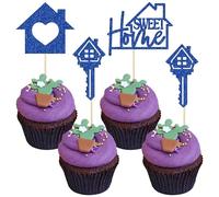 Gyufise 24 Pack Sweet Home Cupcake Toppers Glitter key Housewarming Cupcake Picks for Welcome New Home Theme Party Cake Decorations Supplies Blue