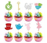 Gyufise 24 pezzi Alice nel paese delle meraviglie Cupcake Toppers Glitter Bowl Key Clock Fairy Eat Me Cupcake Picks Tea Party Decorazioni per torta per baby shower bambini ragazzi ragazze feste di