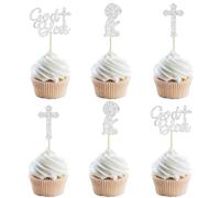 Gyufise 24 pezzi glitter Boy Dio benedica e Battesimo Cupcake Toppers Cross Babyshower Cupcake Picks per Christian Party Decoration Supplies Argento