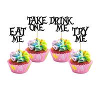 Gyufise 24 pz Alice nel paese delle meraviglie, topper per cupcake nero glitter Try Me Take One Eat Me Cupcake Picks per Fairytale Wonderland tema baby shower bambini ragazzi ragazze feste di
