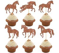 Gyufise 24 topper per cupcake a forma di cavallo, glitterati, a forma di corse di cavalli, per feste di compleanno, feste a tema equestre, colore: marrone
