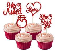 Gyufise 24 topper per cupcake con glitter rossi per fidanzamento, con scritta "He Asked She Said Y", per decorazioni per torte e matrimoni, matrimoni, matrimoni, feste e feste