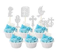Gyufise 24 topper per cupcake con motivo a croce con motivo a croce: per la prima comunione e il battesimo cristiano, per la festa di compleanno e per bambini, colore: argento