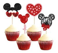 Gyufise 24 topper per cupcake con scritta "Happy Valentine's Day", glitterati, rosso, con scritta "Love Mouse Castle Love Balloon Cupcake, per San Valentino, festa di nozze, forniture per vacanze