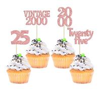 Gyufise 24 topper per cupcake per 25° compleanno, glitterati, stile vintage, 2000 Hello 25 anni, decorazioni per cupcake per buon 25° compleanno, anniversario, forniture per feste, oro rosa
