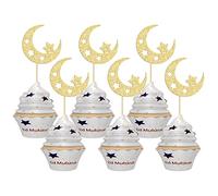 Gyufise 24Pcs Eid Moon Star Cupcake Toppers Oro Glitter Ramadan Kareem Eid Mubarak Cupcake Picks per Eid Islamic Musulm Theme Party Cake Decorazioni Forniture