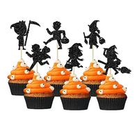 Gyufise 24Pcs Halloween Cupcake Toppers Black Glitter Trick or Treat Halloween Cupcake Pick Decorations for Halloween Theme Baby Shower Kids Boys Girls Birthday Party Cake Decorations Supplies