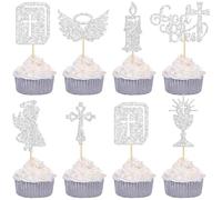 Gyufise 28Pcs Dio Bless Cupcake Toppers Argento Glitter Ragazze Battesimo Cupcake Toppers Angelo Calice Bibbia Croce Decorazioni Torta Christian Battesimo Tema Baby Shower Party Cake Decor Forniture