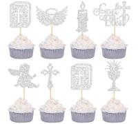 Gyufise 28Pcs Dio Bless Cupcake Toppers Argento Glitter Ragazzi Battesimo Cupcake Toppers Angelo Calice Bibbia Croce Decorazioni Torta Christian Battesimo Tema Baby Shower Party Cake Decor Forniture