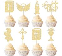 Gyufise 28Pcs Dio Bless Cupcake Toppers Oro Glitter Ragazze Battesimo Cupcake Toppers Angelo Calice Bibbia Croce Cupcake Picks Christian Battesimo Tema Baby Shower Party Cake Decor Forniture