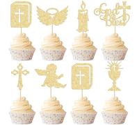 Gyufise 28Pcs Dio Bless Cupcake Toppers Oro Glitter Ragazzi Battesimo Cupcake Toppers Angelo Calice Bibbia Croce Cake Toppers Christian Battesimo Tema Baby Shower Party Cake Decor Forniture