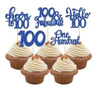 Gyufise 30 decorazioni per cupcake con scritta "Happy 100th Birthday", blu scuro, glitterate, da cento applausi a 100 anni, decorazioni per torte per 100° compleanno anniversario