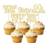 Gyufise 30 decorazioni per cupcake vintage del 1966, glitterate Sixty 60 Fabulous Happy 60th Birthday Cupcake Picks Cheers to 60 Years for 60th Birthday Anniversary Party Cake Decorations Supplies