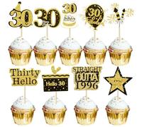 Gyufise 36 topper per cupcake con scritta "Happy 30th Birthday", glitterati, colore nero e oro, trenta Hello 30 Straight Outta 1996, decorazioni per torte Cheers to 30 Years 30 Favolose decorazioni