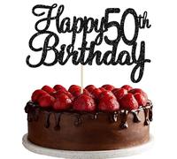 Gyufise Confezione da 1 topper per torta felice 50° compleanno, con glitter nero, 50 topper per cupcake a 50 favolose decorazioni per torte per 50° compleanno