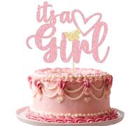 Gyufise Confezione da 1 topper per torta rosa glitterato con scritta "It's a girl" per rivelare il sesso della torta per baby shower, rivelazione di genere per neonata 1°, 2°, 3° compleanno,