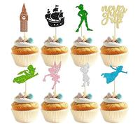 Gyufise Confezione da 24 decorazioni per cupcake con scritta "Never Grow Up", motivo: nave e elfo dell'Isola che non c'è, decorazioni per cupcake per baby shower, feste di compleanno, decorazioni per