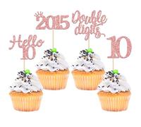 Gyufise - Confezione da 24 pirottini per cupcake per 10° compleanno, con glitter oro rosa, 10 ciao 10 dight, a doppia danza, dal 2011, per decorazioni per il 10° compleanno