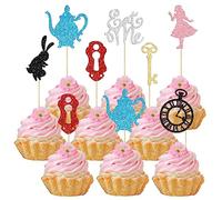 Gyufise Confezione da 28 topper per cupcake a tema Alice nel paese delle meraviglie, glitterati, per feste di tè, feste di tè, decorazioni per torte per baby shower, ragazzi e ragazze, per feste di