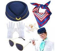 GZBMEZS Cappello da assistente di volo, costume da hostess da donna, berretto sciarpa, guanti, occhiali da sole, spilla a forma di aeroplano e sciarpa a righe da donna, Accetto la specializzazione