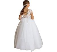 GZCYL Abito da Prima Comunione in pizzo semplice bianco in tulle vintage lungo abito da damigella d'onore per matrimonio, bianco, 9-10 Anni