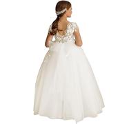 GZCYL Abito da Prima Comunione in pizzo semplice bianco in tulle vintage lungo abito da damigella d'onore per matrimonio, avorio, 9-10 Anni