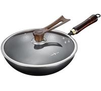 GZGLZDQ Acciaio al Carbonio Wok Pentola Senza Rivestimento, Resistente ai Graffi con Coperchio per Induzione e Gas, Ideale per Friggere, Saltare e Cuocere(Ø 32cm)