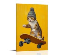 GZHJZSYY Dipinto ad olio con animali di un gatto in un berretto che cavalca un longboard giù per una collina su uno sfondo giallo minimalista. Poster decorativo da parete moderno da appendere (60 x 90