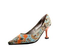 GZHMMAN Décolleté da Donna Tacco Alto a Punta Tacco Gattino Fantasia in Stoffa Stampata Altezza 8 CM Stile Etnico Ed Elegante,Orange,37