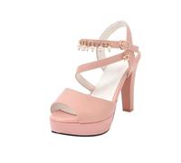 GZHMMAN Sandali da Donna con Tacco Alto Punta Tonda, Tacco Spesso Cinturino a Catena con Strass Perlati Altezza 10 Cm,Pink,35