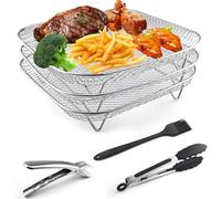 GZjiyu Air Fryer Rack 304 - Griglia in acciaio inox per friggitrice ad aria calda, vassoio per friggitrice ad aria calda, 3 strati, impilabile, con pinza, spazzola e pinza per alimenti, per forno a