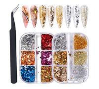 GZMAYUEN Brillantini Glitter Fiocchi di Foglie Dorate Per Unghie 2Pcs Oro Argento Foil Flakes Nail Paillettes Chip Gold Leaf Foil Nail Art Decorazioni