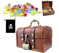 GZqiancang 1 scatola del tesoro in legno con serratura a combinazione, con 50 monete d'oro pirata e pietre colorate per feste di compleanno, geocaching, scatola decorativa