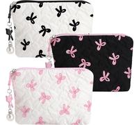 GZRXIOUS 3 piccole borse per il trucco per borsa, piccola borsa per il trucco con texture plissettata in rilievo, ciondolo con fiocco e perle, mini borsa per il trucco per viaggi, gite quotidiane e