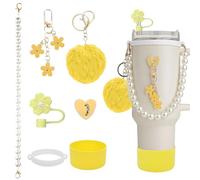 GZWY Set di accessori con cinghia di supporto per Stanley Cup, set di 7 custodie in silicone, copertura per cannuccia, bottiglie, perla, ciondolo a forma di fiore e palla per capelli, decorazione per