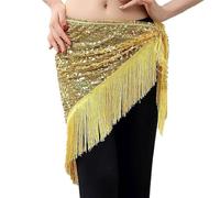 GZXXB Cintura Danza Ventre 16 Colori Belly Dance Vestiti Accessori Long Tassel Triangle Belts Scarf Sciarpa Paillettes Cintura Anca For Le Donne(Gold)
