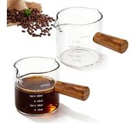 GZYYANG 2 misurini in vetro con manico in legno, 75 ml, Anti-scottamento | con scala, doppio beccuccio a forma di V, brocca per il latte, piccola tazza per la misurazione del caffè