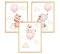 GZYYANG 3 Pezzi Quadri Cameretta Bambina, Quadri per Camera Bambini, A4 Animale Quadri Cameretta Bambino, Coniglio, Volpe e Elefante Immagini decorazione per Cameretta Neonato, Senza Cornici