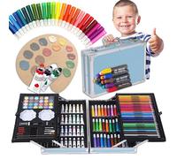 H&F Heimtextilien Set da 145 pezzi in valigetta di alluminio blu - Matite colorate, pennarelli, acquerelli e colori acrilici, gessetti a olio e pennelli, valigetta per bambini dai 3 anni in su