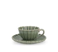 H&H Set 6 Tazze Caffè con Piattino 120 cc in Stoneware Verde - Tazzine Espresso con Piattini, Design a Rilievo Effetto Petalo, Lavastoviglie e Microonde