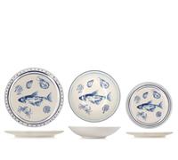 H&H Adriatic Servizio Tavola 18 Pezzi in Stoneware Decorato, Set Piatti Completo per 6 Persone, Design Marino con Pesci, Crostacei e Conchiglie Blu, Ideale per Estate e Case al Mare