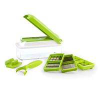 H&H Affettatutto con Contenitore - Mandolina per Verdure Multifunzione, Slicer Set Pro in Plastica con 9 Lame in Acciaio Inox 18/10, Salva Dita e Coperchio Salvafreschezza