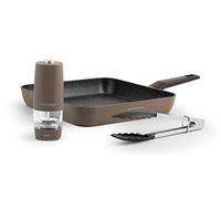 H&H Alessandro Borghese - Confezione Bistecchiera Antiaderente 28x28cm Induzione, Pinza da Cucina 24cm e Macinapepe/Sale Elettrico