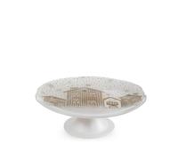 H&H Alzata con Piede Nevalis in Vetro Decorato Bianco e Oro Ø 21 cm, Elegante Decoro Natalizio con Casette, Ideale per Dolci e Dessert, Non Lavabile in Lavastoviglie