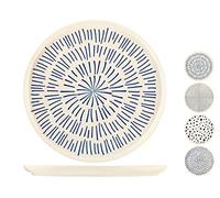 H&H Atlas Piatto Piano in Stoneware, Decori Assortiti, Colore Blu e Bianco, 28cm